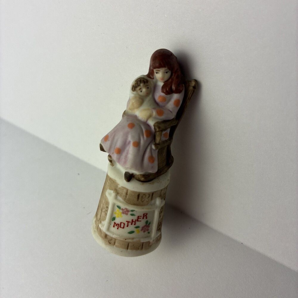 Vintage Enesco Mother Holding Baby Porcelain Collector Thimble